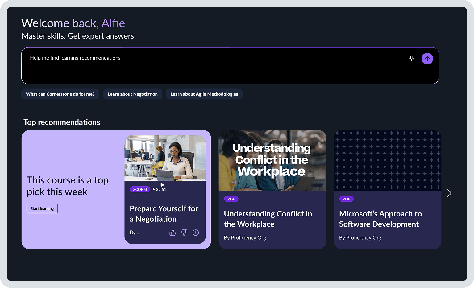 Um painel de aprendizagem online com tema escuro que dá as boas-vindas a 'Alfie', contendo uma barra de pesquisa e recomendações de cursos populares, como 'Prepare-se para uma Negociação'.