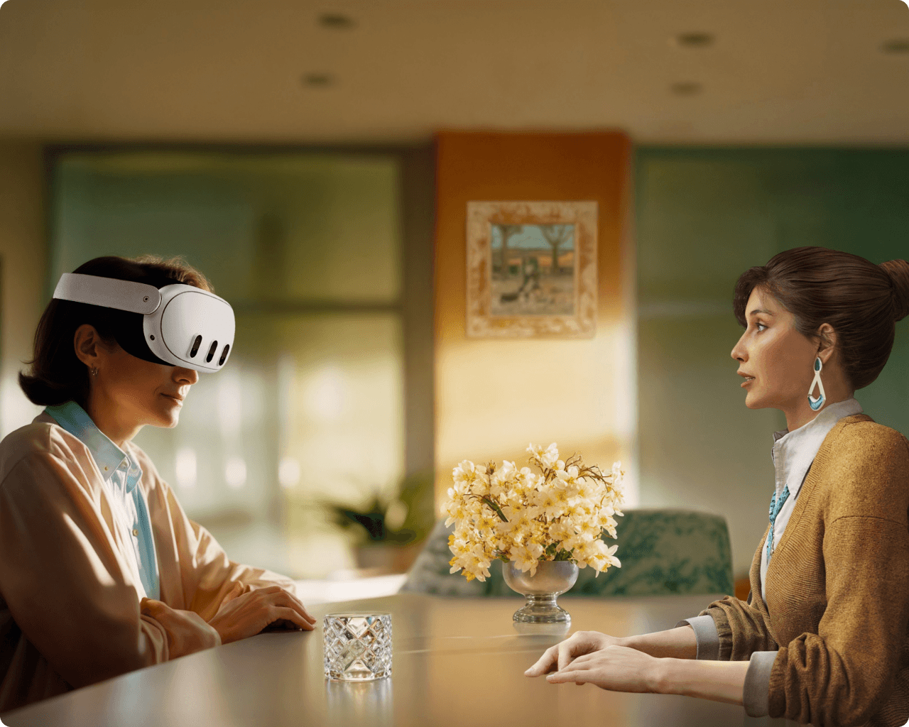 Imagem de duas pessoas em uma simulação virtual.