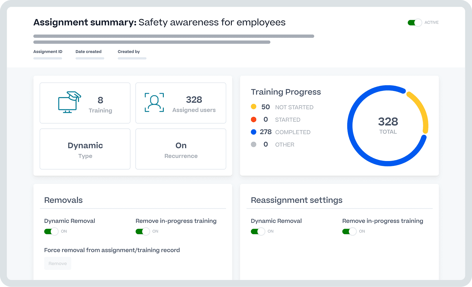 Um painel de controle exibindo o resumo do treinamento "Conscientização de segurança para colaboradores", incluindo o progresso de 328 usuários designados e as configurações de gestão.